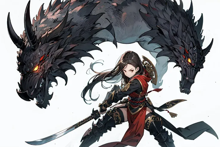 (best quality),  detailed background, oriental nobless,warrior girl,combat arts,holding halberd,oni, monster army ,mechanical arms,