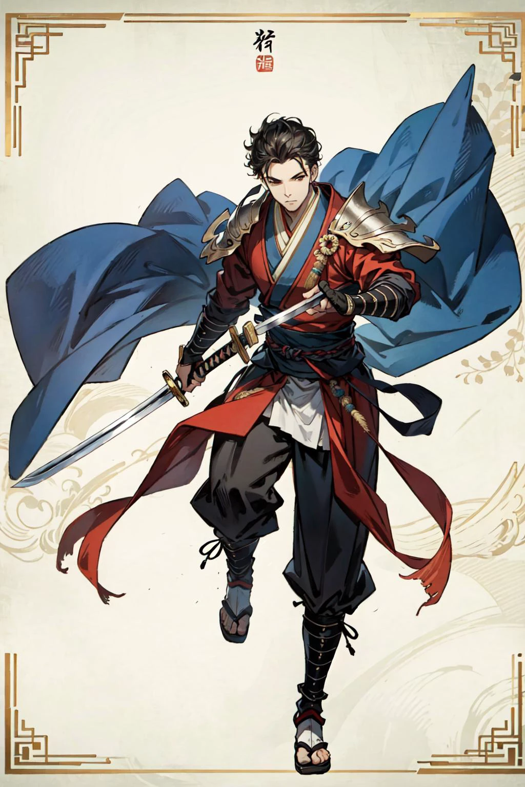 (best quality), detailed background, oriental warrior,man,combat arts, holding holding sword,