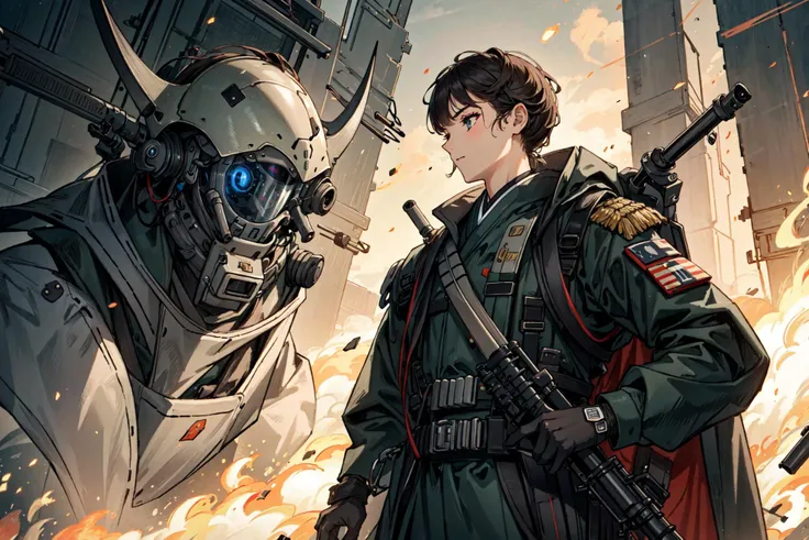 (best quality), oriental detailed background, science fiction,mechanical arms,girl with man , war, monster army, techwear,
military uniform
