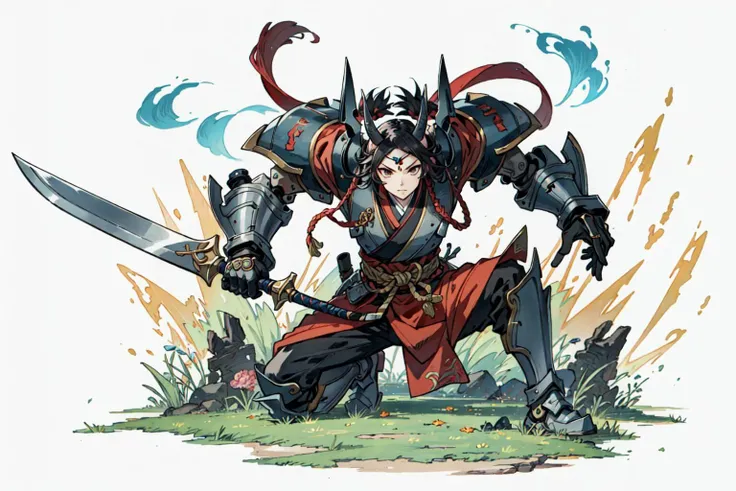 (best quality),  detailed background, oriental nobless,warrior girl,combat arts,holding halberd,oni, monster army ,mechanical arms,