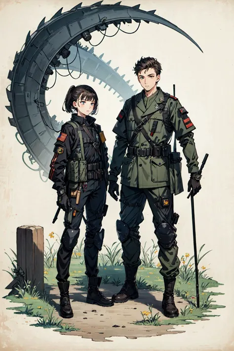 (best quality), oriental detailed background, science fiction,mechanical arms,girl with man , war, monster army, techwear,
military uniform