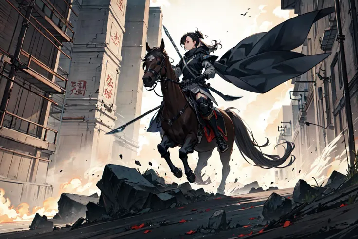 (best quality), detailed background, oriental nobless,warrior girl,combat monster,holding halberd,oni, techwear,riding horse ,mechanical arms, slash army