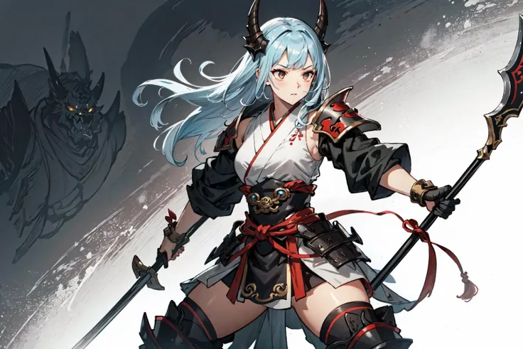 (best quality), detailed background, oriental nobless,warrior girl,combat arts,holding halberd,oni, monster army ,mechanical arms,