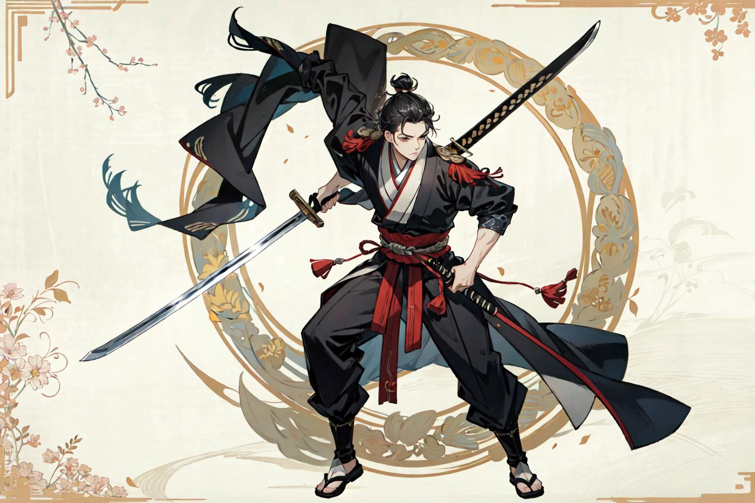 (best quality), detailed background, oriental emperor,man,combat arts, holding holding sword, oriental castle,