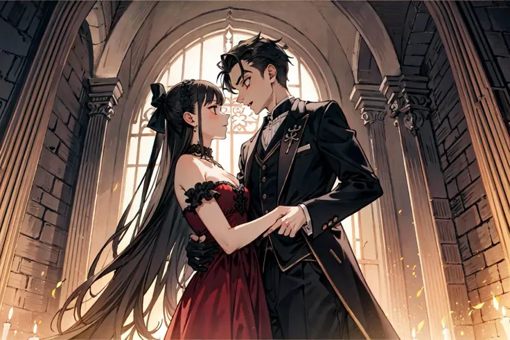 (best quality),  detailed background,gothic girl, horror, vampire, nobless,girl dancing with man,castle