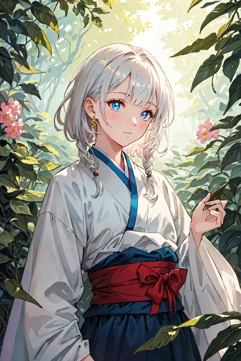 (best quality), oriental detailed background,, ((masterpiece)), (((best quality))), ((ultra-detailed)), ((disheveled hair)), (1 girl), (solo), (beautiful white young beauty girl), korean idol, (whole body), dynamic angle, beautiful detailed eyes, hairs between eyes, (small head), (cannon EOS 5D MARK III, 50mm Sigma f/1.4 ZEISS lens, F1.4, 1/800s, ISO 100:1), nsfw, masterpiece, best quality, asymmetrical bangs, hair behind ear, hair over one eyebrow, delicate facial features,1girl, white hair, red bridge hair, eromanga, Urban_Fantasy, alchemist,, ((cinematic light)), ultra detailed, best quality, absurdres, high resolution, (extremely detailed 8k wallpaper), ((an delicate and beautiful)), pixiv, hyper detailed, best anatomy, illustration, no human, (((masterpiece))), ((highres)), ((high quality)), (intricate details), (fantasy), detailed forest, (colorful various leaves), ((rainbow)), (liquid), best shadow, sunlight, hollow, colorful, pink petals, gold leaves, (blue leaves), lens flare, pastel color,