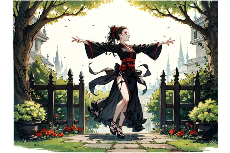 (best quality),  detailed background,gothic, horror, vampire, oriental, nobless,girl dancing with man,garden