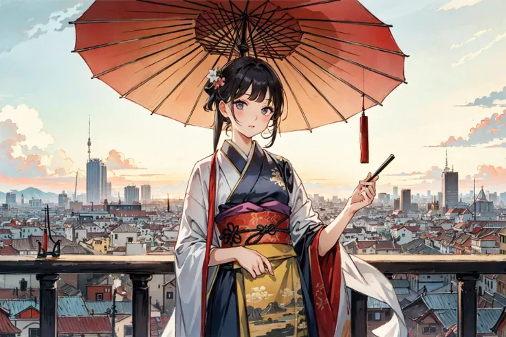 (best quality), girl,oriental detailed background, cityscape,