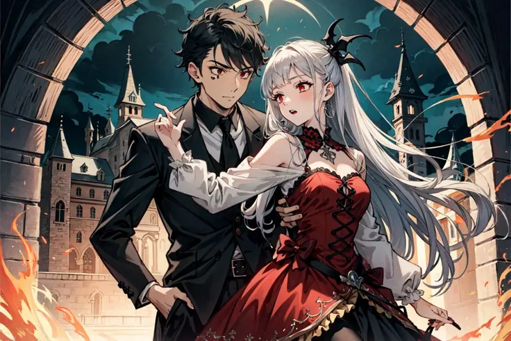 (best quality),  detailed background,gothic girl, horror, vampire, nobless,girl dancing with man,castle