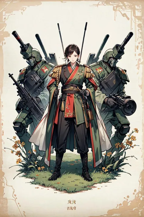 (best quality), oriental detailed background, science fiction,mechanical arms,girl with man , war, monster army, 
military uniform