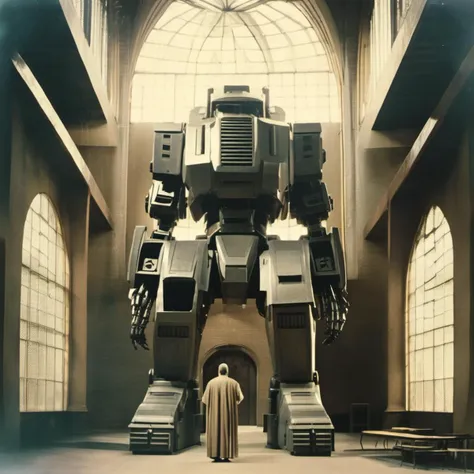 AnalogRedmAF, Vintage Photograph, portrait of a giant mecha with a halo inside a brutalist church, dramatic, ethereal<lora:AnalogRedmond-AnalogRedmAF:1>