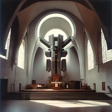 AnalogRedmAF, Vintage Photograph, portrait of a giant mecha with a halo inside a brutalist church, dramatic, ethereal<lora:AnalogRedmond-AnalogRedmAF:1>