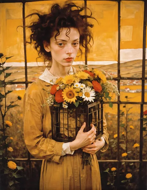 AnalogRedmAF, analog photograph, film grain, warm soft lighting, person in a cage holding a bouquet of flowers in temperate savanna, (art by Egon Schiele:1.3), Mustard Yellow vista,  Birdâs-eye view, <lora:AnalogRedmondV2-Analog-AnalogRedmAF:0.8>