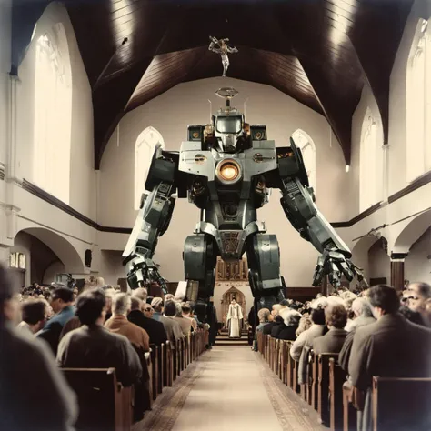 AnalogRedmAF, Vintage Photograph, portrait of a (giant mecha with a halo:1.3) inside a catholic church, surrounded by a crowd<lora:AnalogRedmond-AnalogRedmAF:1>