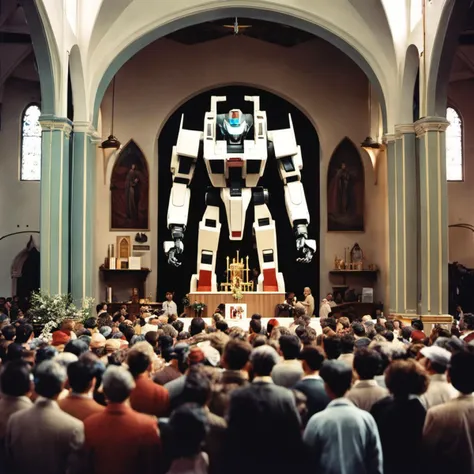 AnalogRedmAF, Vintage Photograph, portrait of a (giant mecha with a halo:1.3) inside a catholic church, surrounded by a crowd<lora:AnalogRedmond-AnalogRedmAF:1>