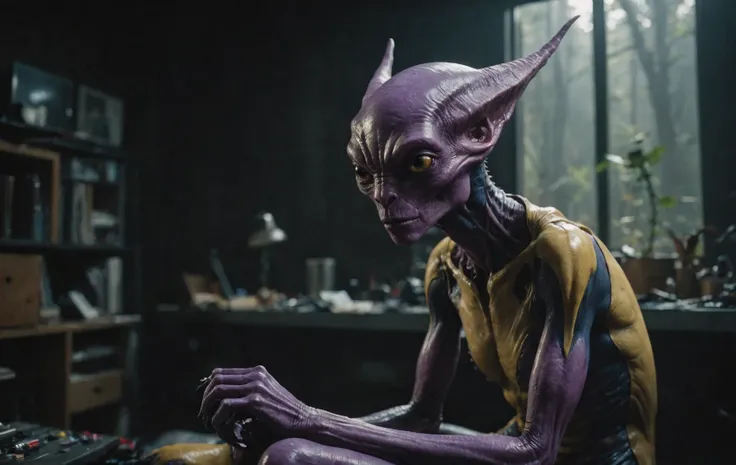 cinematic film still, a purple alien creature is seen sitting on her, in the style of hyper-realistic details, dark yellow and navy, 32k uhd, hyperrealistic wildlife portraits, intense close-ups, todd mcfarlane, sony alpha a7 iii, amazing quality, wallpaper, analog film grain <lora:aesthetic_anime_v1s:0.8> <lora:AnalogRedmondV2-Analog-AnalogRedmAF:0.8> <lora:add-detail-xl:1.1>