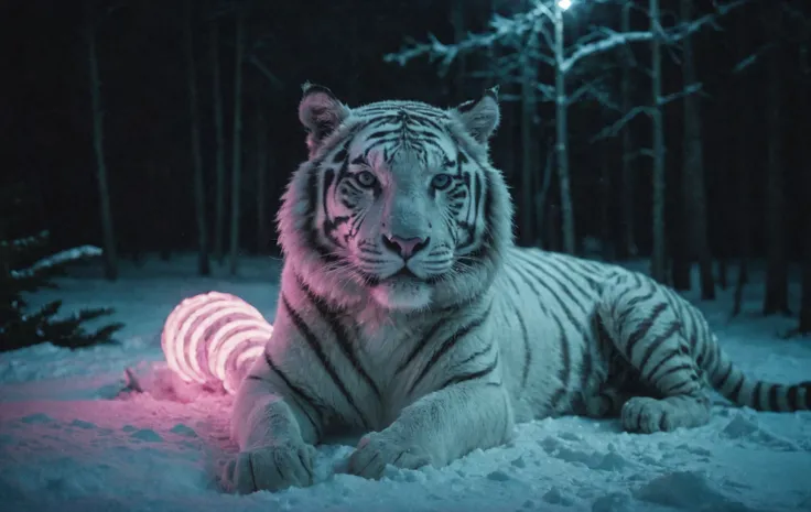 cinematic film still, White Tiger in the heavy snowy toundra in Chiaroscuro Neon style, with snowy white and icy blue light-dark contrasts in neon, half pink light, amazing quality, wallpaper, analog film grain <lora:aesthetic_anime_v1s:0.8> <lora:AnalogRedmondV2-Analog-AnalogRedmAF:0.8> <lora:add-detail-xl:1.1>