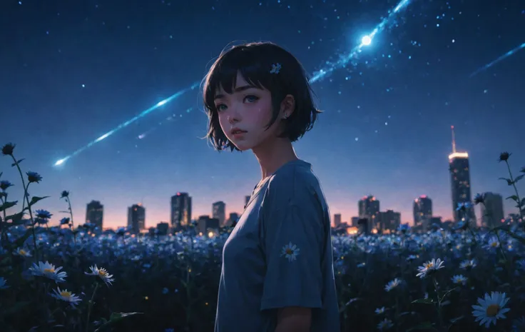 anime girl, night, blue light behind her, ((Galaxy, Lens flare)), short hair, flower field, night sky, cinematic shot. Wallpaper. (Blue color schema), detailed background, a city in the distance <lora:aesthetic_anime_v1s:0.8> <lora:AnalogRedmondV2-Analog-AnalogRedmAF:0.8> <lora:add-detail-xl:1.1>