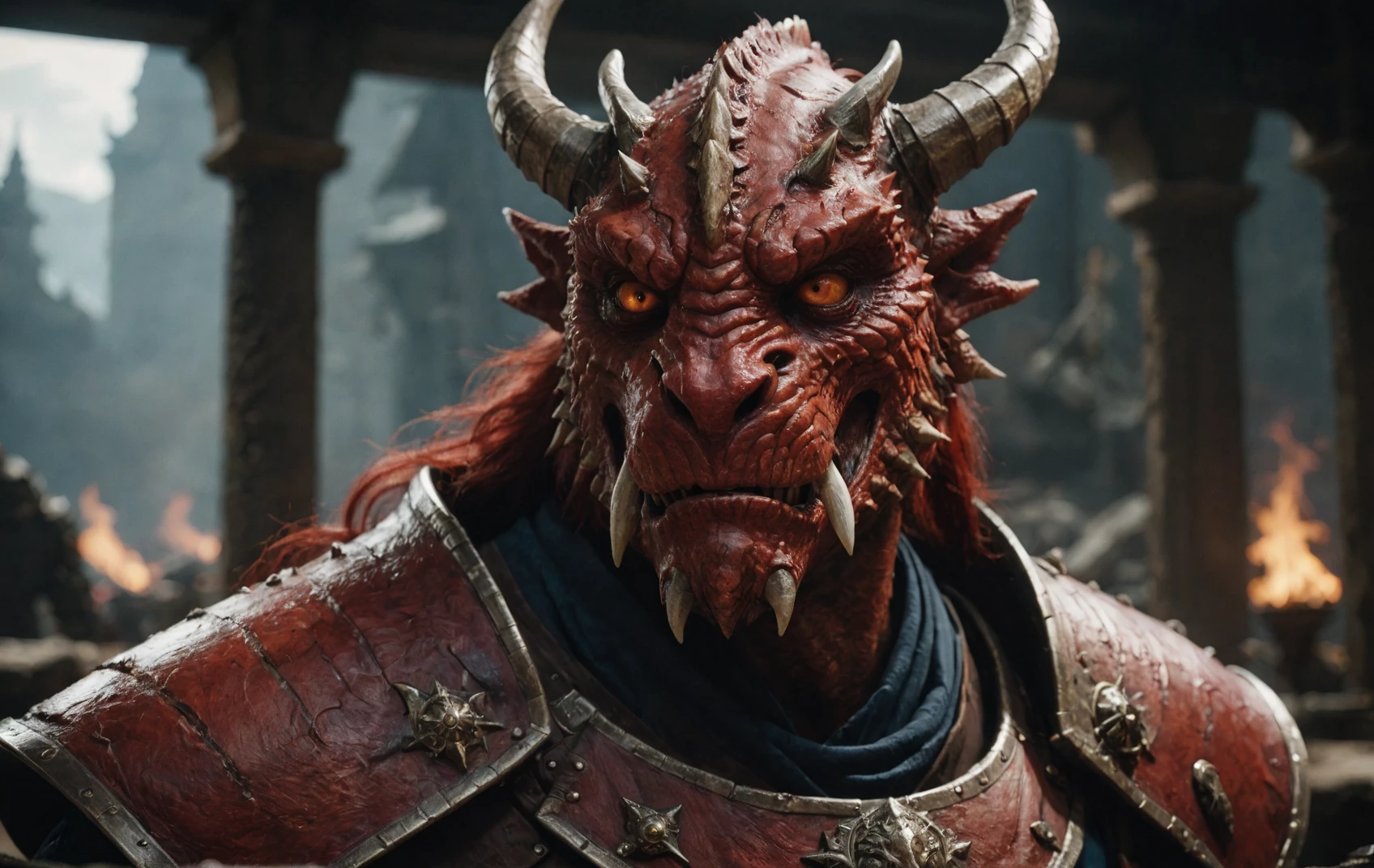 cinematic film still, close up, photo of a red Dragonborn, in the style of hyper-realistic d&d, full plate, sony fe 12-24mm f/2.8 gm, close up, 32k uhd, light navy and light amber, kushan empire, amazing quality, wallpaper, analog film grain <lora:aesthetic_anime_v1s:0.8> <lora:AnalogRedmondV2-Analog-AnalogRedmAF:0.8> <lora:add-detail-xl:1.1>