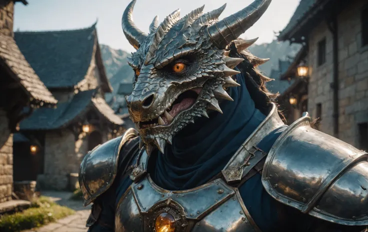 cinematic film still, close up, photo of a metallic Dragonborn, in the style of hyper-realistic d&d, sony fe 12-24mm f/2.8 gm, close up, 32k uhd, light navy and light amber, kushan empire, amazing quality, wallpaper, analog film grain <lora:aesthetic_anime_v1s:0.8> <lora:AnalogRedmondV2-Analog-AnalogRedmAF:0.8> <lora:add-detail-xl:1.1>