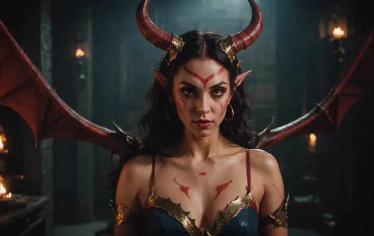 cinematic film still, close up, photo of a succubus with horns, in the style of hyper-realistic fantasy, red and gold, sony fe 12-24mm f/2.8 gm, close up, 32k uhd, light navy and light amber, kushan empirem alluring, perfect skin, seductive, amazing quality, wallpaper, analog film grain <lora:aesthetic_anime_v1s:0.8> <lora:AnalogRedmondV2-Analog-AnalogRedmAF:0.8> <lora:add-detail-xl:1.1>