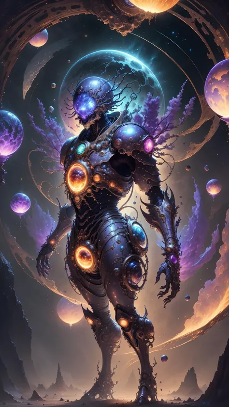 best quality, masterpiece, ultra high res, (photo realistic:1.4), surrealism, dream-like,V0id3nergy, a fantasy creature, space, planet, astronaut, flowers, bubbles, metal, durable armor, clockwork enhancements, steam-powered strength, <lora:kVoidEnergy-000001:0.9>