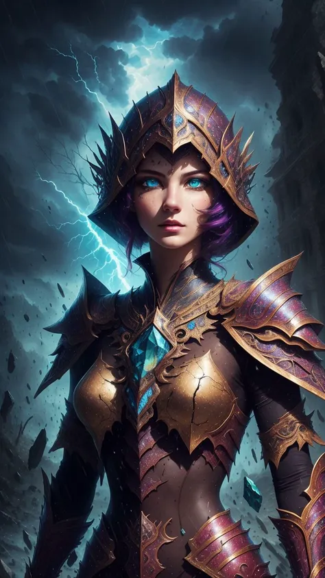 8k,intricate,elegant,highly detailed,majestic,digital photography,cowboy shot,surreal painting,broken glass,(masterpiece, sidelighting, finely detailed beautiful eyes:1.2),hdr,<lora:kVoidEnergy-000001:0.9>,void3nergy,lightning storm,woman,wearing regal battle armor,raining,beautiful,facing viewer t,masterpiece,GlowingRunesAIV2_red on armor,upper body,<lora:LAS:0.5>,