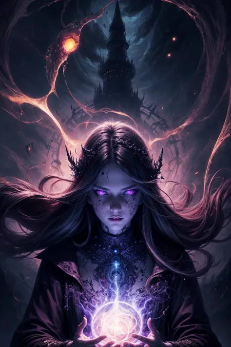 <lora:add_detail:1>
1 girl, adult (elven:0.7) woman, freckles, yellow eyes, gray long hair,
solo, half shot, looking up, detailed background, detailed face, (<lora:kVoidEnergy-000001:0.5>, V0id3nergy, void theme:1.1), (glowing eyes:1.05), dilated pupils, summoner, unholy, intricate necromancer clothes, amulet, conjuring, movement, evil smile, ritual, pentagram, surrounded by dark dark magical inscriptions, red swirling summoning energy, (style-swirlmagic:0.7), calling forth evil power, tower background, dark glowing aura, ethereal atmosphere,