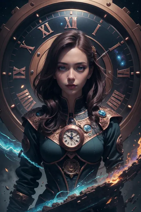 8k uhd, (best quality:1.2), (masterpiece:1.2), very detailed, intricate details, hyper detailed, <lora:realistic:0.3>, <lora:sharpen-soften:-0.25>,
1 girl, adult  woman,  jade eyes, copper layered hair,
(style-swirlmagic:1.0),  solo, half shot, looking at viewer, detailed background, detailed face, (<lora:kVoidEnergy-000001:0.5>, V0id3nergy, void theme:1.1)  (time sorcerer:1.1),   endless space,  clock, clockwork, clock gears, sands of time,    cosmic space in background, epic atmosphere,