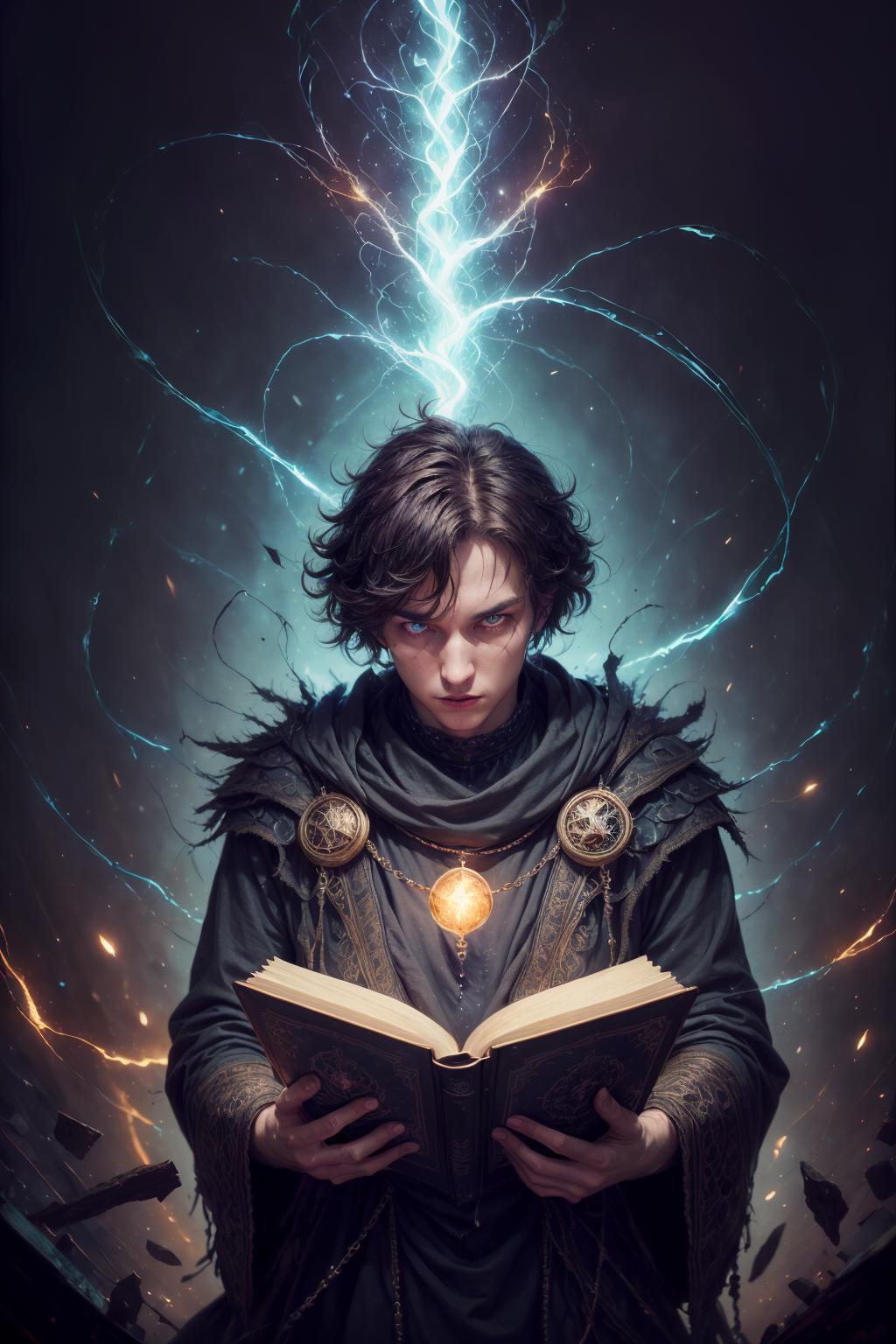 A man with a book and lightning in his hands - SeaArt AI