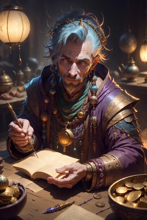 best quality, masterpiece, ultra high res, (photo realistic:1.4), surrealism, dream-like,V0id3nergy,
a fantasy creature, Merchant, gold coins, trade goods, negotiation skills, travel, market savvy, resourcefulness,
<lora:kVoidEnergy-000001:0.9>