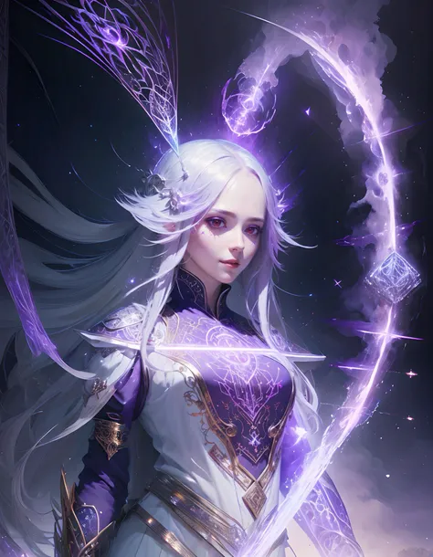 (masterpiece, top quality, best quality, official art, beautiful and aesthetic:1.2), cute smile girl, detailed face, ((red eyes)), long white hair, full body, violet blouse and pants, luminous effects, highest detailed, floating particles, ancient runes, geometric patterns, <lora:kVoidEnergy-000001:1> V0id3nergy , mana, shadows, epic atmosphere