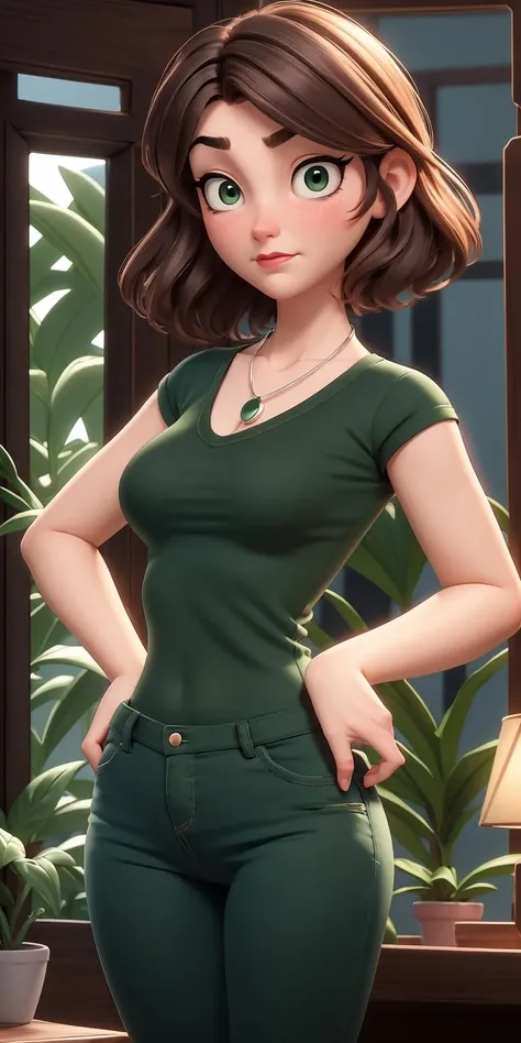 (best quality:1.4),(shiny skin), body focus, (cute face), (((best quality))), illustration, ((Beautiful Finger)), , Beautiful body, Beautiful character design, ,perfect lighting, Colorful, Bright_Front_face_Lighting, ultra high res, highres, absurdres:1.2, bokeh:1.2, lens flare, (vibrant_color:1.2), (Beautiful, medium breasts:1.2), (thick thighs:1.1), THICK,
Female animated character, brown hair, mid-length wavy hair, big green eyes, pale skin, round face, slightly displeased or thoughtful expression, thin eyebrows, black tank top, silver necklace with a pendant, wrinkles, red lips, short hair, hand on hip, window, indoors, <lora:Cass_Hamada:1>, big pupils, green jeans, plants