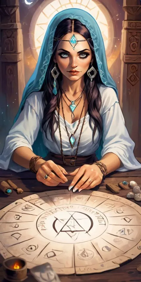 a woman Gypsy divination oracle reader with magic aura, runes, tarot, the entrance to a divination temple where they tell the future, magic, mystic, divination bar, esoteric symbols, worn table, looking at te viewer, she inspires confidence in her eyes