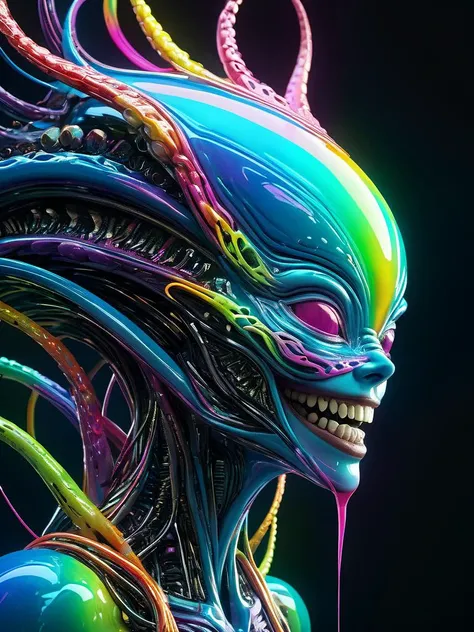 impossibly beautiful portrait of alien shapeshifter entity, insane smile, intricate complexity, surreal horror, inverted neon rainbow drip paint, trending on art station, photoreal, 8 k, octane render by greg rutkowski