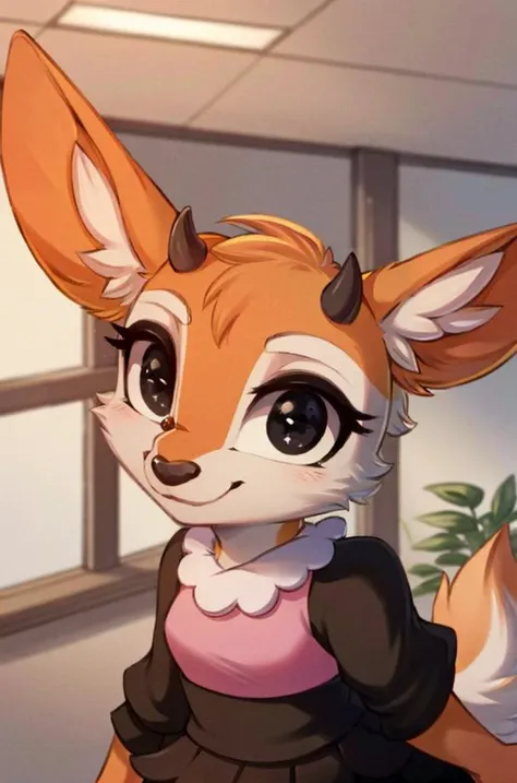 1girl, (anthro furry:1.2), TsunodaCzar, (two-toned fur, orange fur, black eyes, deer ears, horns, snout), (pink blouse, black skirt, smiling), (interior, office), (masterpiece:1.2), hires, ultra-high resolution, 8K, high quality, (sharp focus:1.2), clean, crisp, cinematic, <lora:Tsunoda-v1:1>