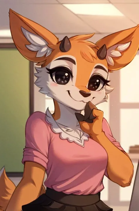 1girl, (anthro furry:1.2), TsunodaCzar, (two-toned fur, orange fur, black eyes, deer ears, horns, snout), (pink blouse, black skirt, smiling), (interior, office), (masterpiece:1.2), hires, ultra-high resolution, 8K, high quality, (sharp focus:1.2), clean, crisp, cinematic, <lora:Tsunoda-v1:1>