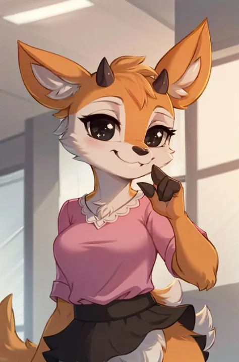 1girl, (anthro furry:1.2), TsunodaCzar, (two-toned fur, orange fur, black eyes, deer ears, horns, snout), (pink blouse, black skirt, smiling), (interior, office), (masterpiece:1.2), hires, ultra-high resolution, 8K, high quality, (sharp focus:1.2), clean, crisp, cinematic, <lora:Tsunoda-v1:1>