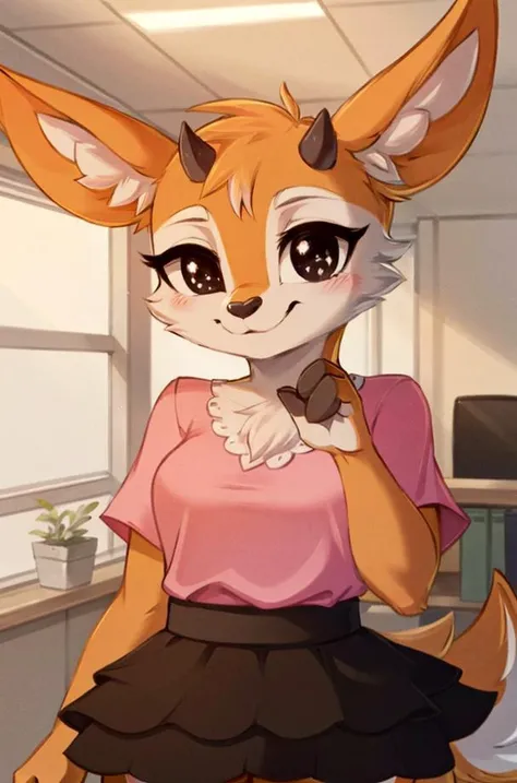 1girl, (anthro furry:1.2), TsunodaCzar, (two-toned fur, orange fur, black eyes, deer ears, horns, snout), (pink blouse, black skirt, smiling), (interior, office), (masterpiece:1.2), hires, ultra-high resolution, 8K, high quality, (sharp focus:1.2), clean, crisp, cinematic, <lora:Tsunoda-v1:1>
