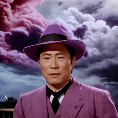 a japanese man wearing a purple suit and a black hat, with an fierce expression, with storm clouds in the background, tchnclr style