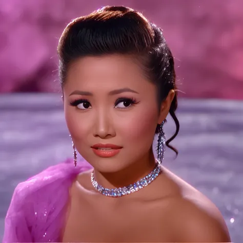 tchnclr style, a closeup portrait of Brenda Song, sad happy expression, wearing a glittery dress, with a blue velvety background, in the 1950s, tchnclr style