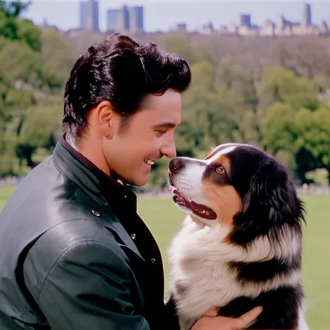 a (closeup:1.3) profile view of a sultry man with short black hair and a smiling border collie in love, with central park in the background, in spring, tchnclr