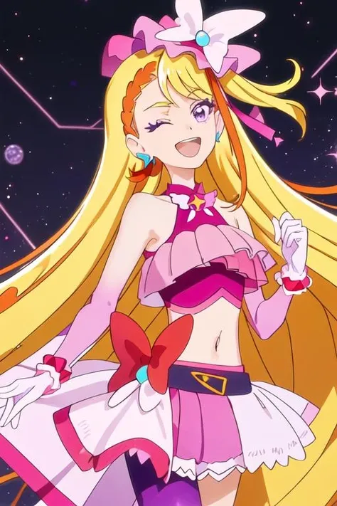 best quality, masterpiece, highres, solo, {cure_butterfly_hirogaruskyprecure:1.15}, blonde_hair, long_hair, purple_eyes, jewelry, earrings, magical_girl, smile, open_mouth, 1girl, bangs, bow, floating_hair, gloves, hair_bow, hairband, hat, high_ponytail, looking_at_viewer, mini_hat, pink_headwear, red_bow, shiny, shiny_hair, white_gloves, witch_hat, pink_background, short_sleeves, very_long_hair, white_shirt, bowtie, pink_skirt, red_bowtie, skirt, upper_body, ;d, bracelet, collarbone, miniskirt, one_eye_closed, shirt