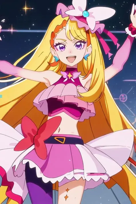 best quality, masterpiece, highres, solo, {cure_butterfly_hirogaruskyprecure:1.15}, blonde_hair, long_hair, purple_eyes, jewelry, earrings, magical_girl, smile, open_mouth, 1girl, anime_coloring