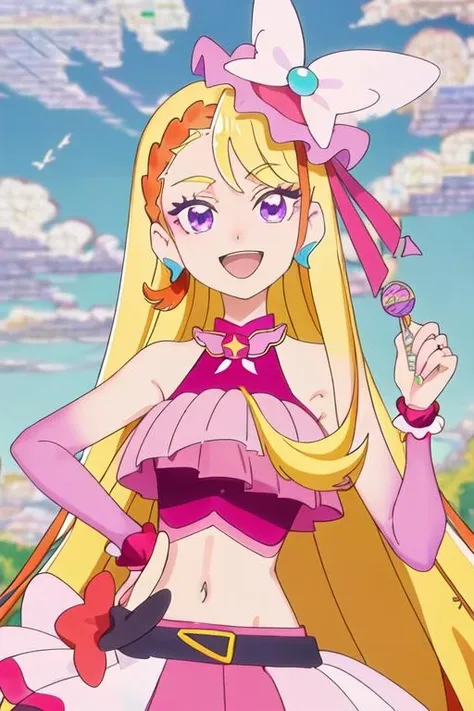 best quality, masterpiece, highres, solo, {cure_butterfly_hirogaruskyprecure:1.15}, blonde_hair, long_hair, purple_eyes, jewelry, earrings, magical_girl, smile, open_mouth, 1girl, hat, upper_body, bare_shoulders, looking_at_viewer, :d