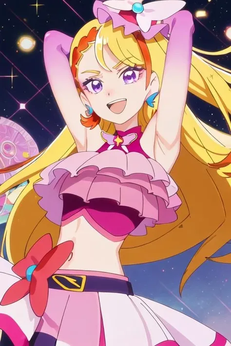 best quality, masterpiece, highres, solo, {cure_butterfly_hirogaruskyprecure:1.15}, blonde_hair, long_hair, purple_eyes, jewelry, earrings, magical_girl, smile, open_mouth, 1girl, armpits, arms_up, red_hair, elbow_gloves, gloves