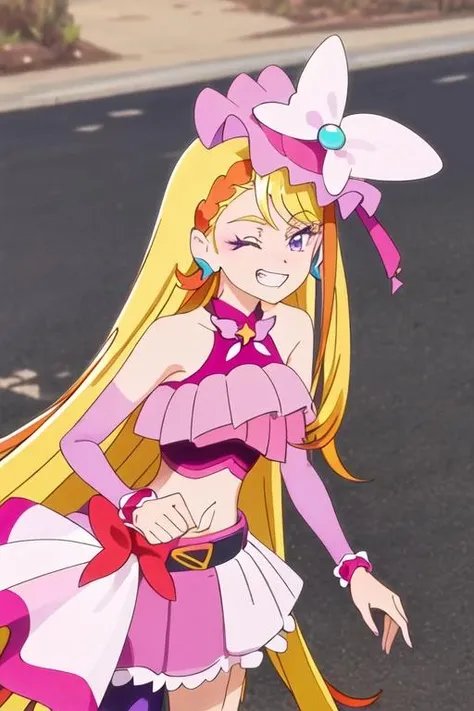 best quality, masterpiece, highres, solo, {cure_butterfly_hirogaruskyprecure:1.15}, blonde_hair, long_hair, purple_eyes, jewelry, earrings, magical_girl, smile, open_mouth, 1girl, closed_eyes, hat, witch_hat, grin, upper_body, multicolored_hair, pink_headwear