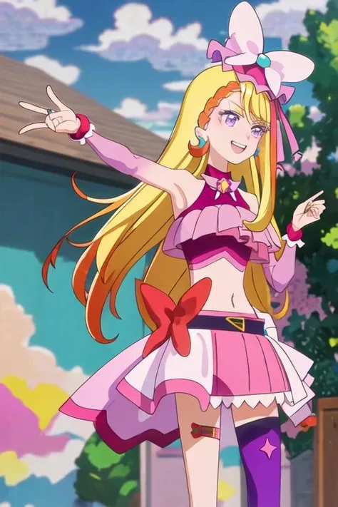 best quality, masterpiece, highres, solo, {cure_butterfly_hirogaruskyprecure:1.15}, blonde_hair, long_hair, purple_eyes, jewelry, earrings, magical_girl, smile, open_mouth, 1girl, closed_mouth, hair_ornament, upper_body, braid, blurry
