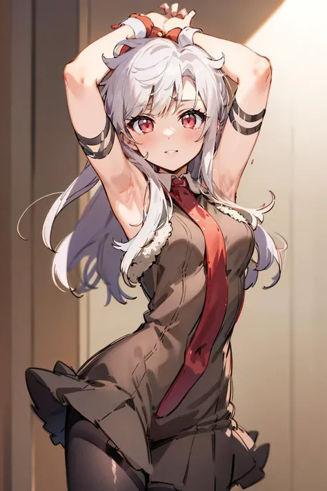 masterpiece, best quality, (1girl), <lora:dangerous_beast_chloe_v0.6:1>, chloe beast, cowboy shot, (white hair, straight hair:1.4) red eyes, medium breasts, arms up, mai_7