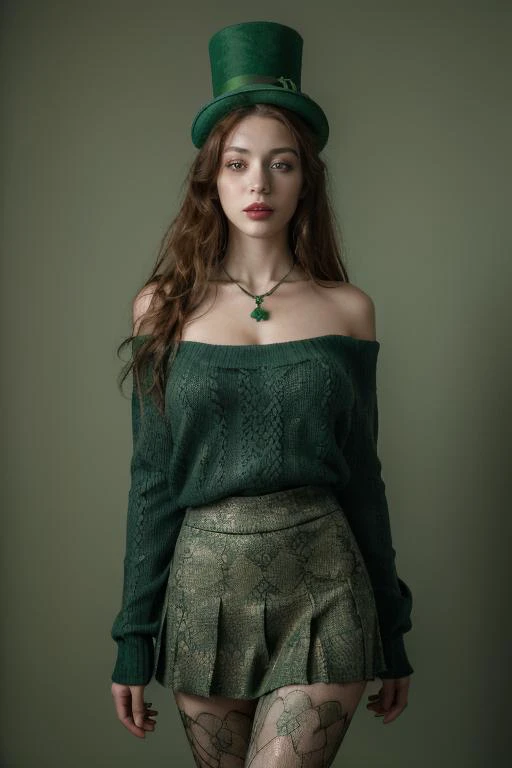 (masterpiece, best quality, absurdres, intricatedetails, 8K, 16K, UHD) highly detailed studio quality portrait of an incredibly beautiful girl, green eyes, redhead, light freckles, pale skin, (large perky breasts:1.5), adorable face, (medium length wavy hair), (green eyeshadow:1.25), (red lips:1.22), slight smile, wearing a ((shamrock necklace)), ((green leprechaun top hat)), (green oversized sweater:1.3), ruanyi0144, print legwear, pantyhose, ((shamrock tattoo on thigh)), (green pleated skirt), breizhtrees,  ((Saint Patrick's Day Theme)), rating_safe, Hasselblad H6D-100c 80mm f/2.8 lens, DSLR, close up, intimate, dramatic light and shadow, rich colors, desaturated background, bokeh,<lora:intricatedetails:0.75>  <lora:0144 jacquard pantyhose_v3:0.65> <lora:Oversized Sweater by Stable Yogi:0.8>  <lora:papyloop-forest-breizhtrees:1> <lora:picxer_real:1>